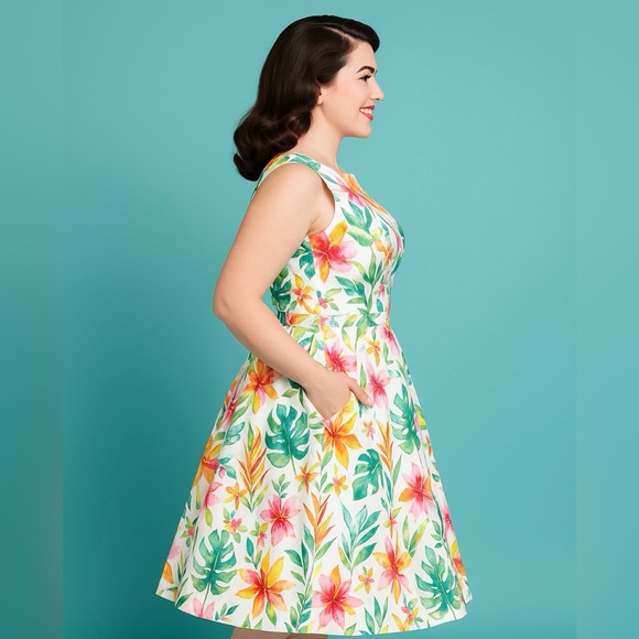 Unique Vintage 50s Tropical White & Orange Floral Cotton Swing Dress, Large, NWT - Picture 6 of 16